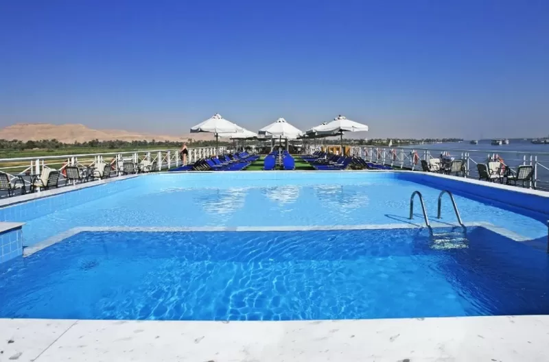 Iberotel Crown Emperor Nile Cruise sun deck with glistening pool on the Nile